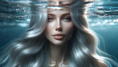 The primary subject of the image is a woman with blonde hair. She is wearing a white dress and has a blue-eyed gaze. The setting is underwater, with the woman's face and hair partially submerged in the water. The visual style is digital art, and the colors and mood convey a sense of tranquility and beauty.